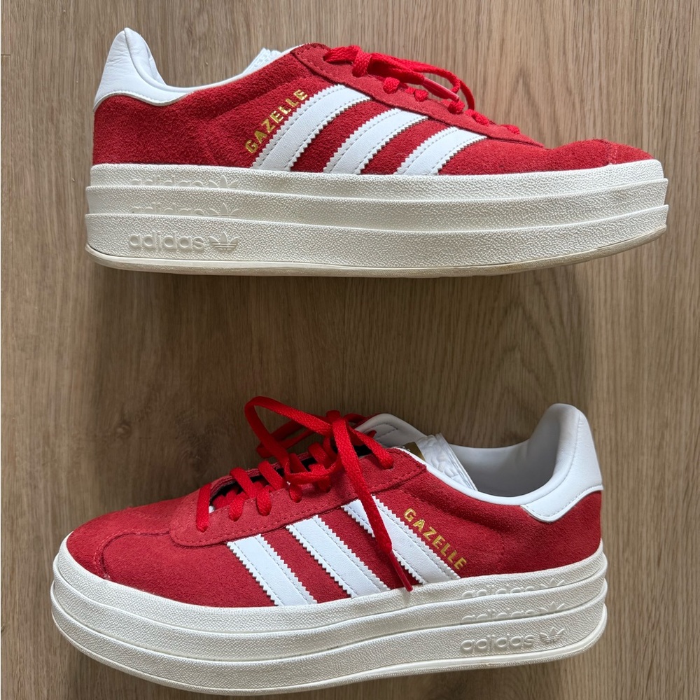Adidas Women's Red and White Platform Gazelle Sneakers